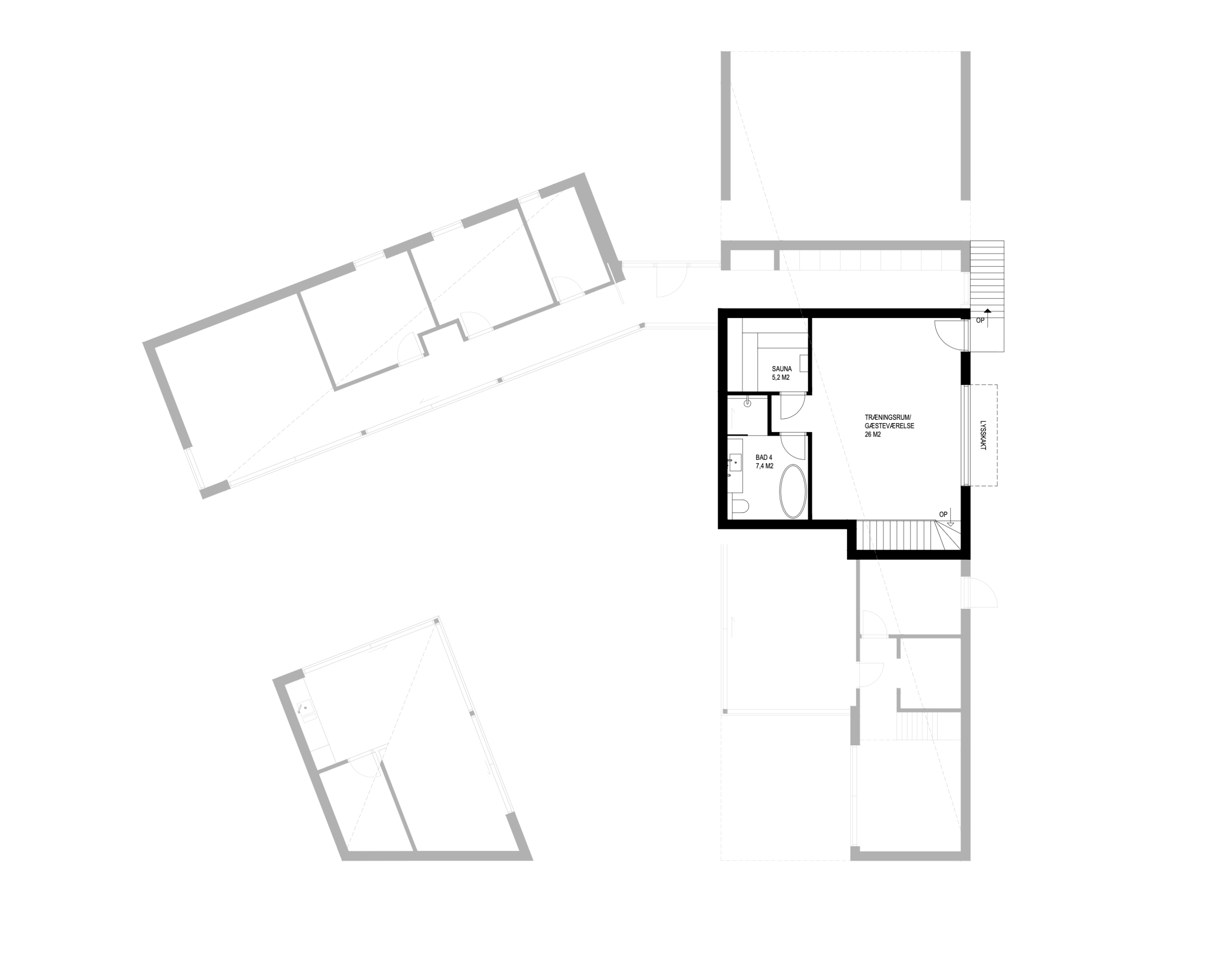 Arkitekttegnet sommerhus med gårdrum og grønne tage, plantegning kælder