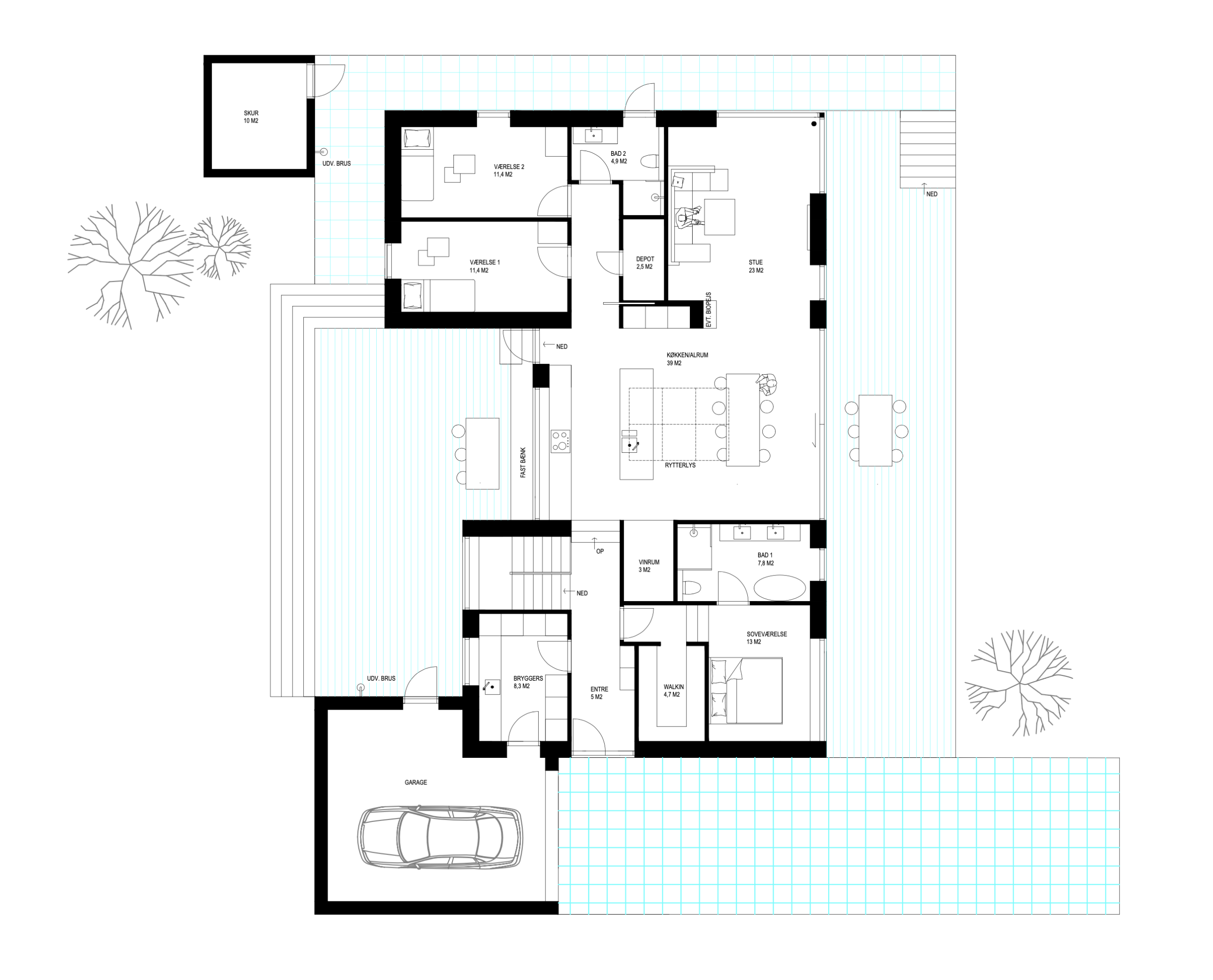 Plantegning af arkitekttegnet helårshus på 175 m² ved østkysten