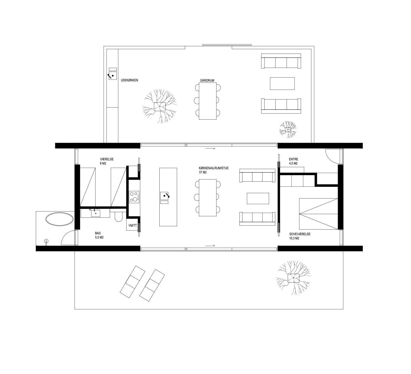 Plantegning af lille arkitekttegnet sommerhus på 77 m²