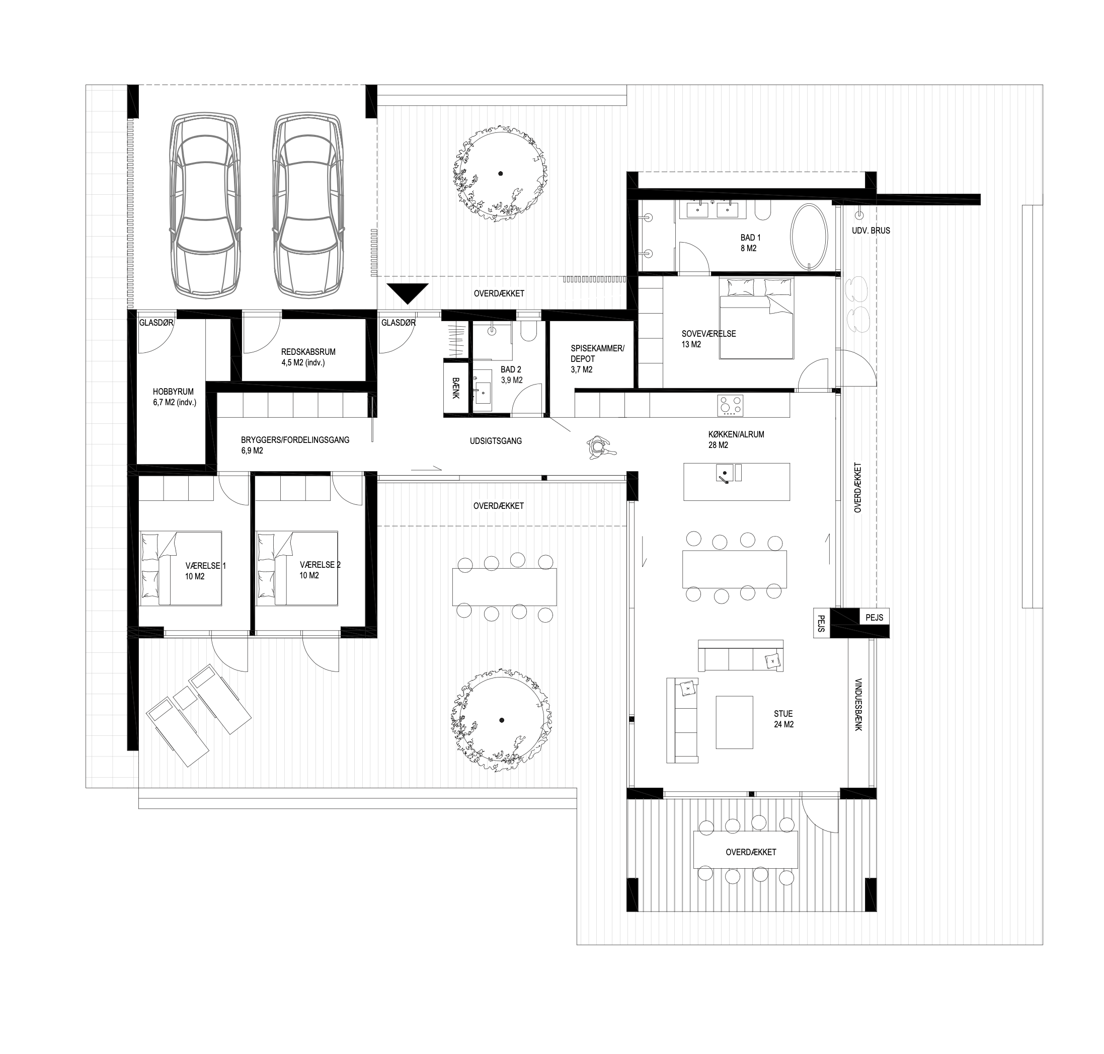 Plantegning af arkitekttegnet helårshus med to længer og gårdrum