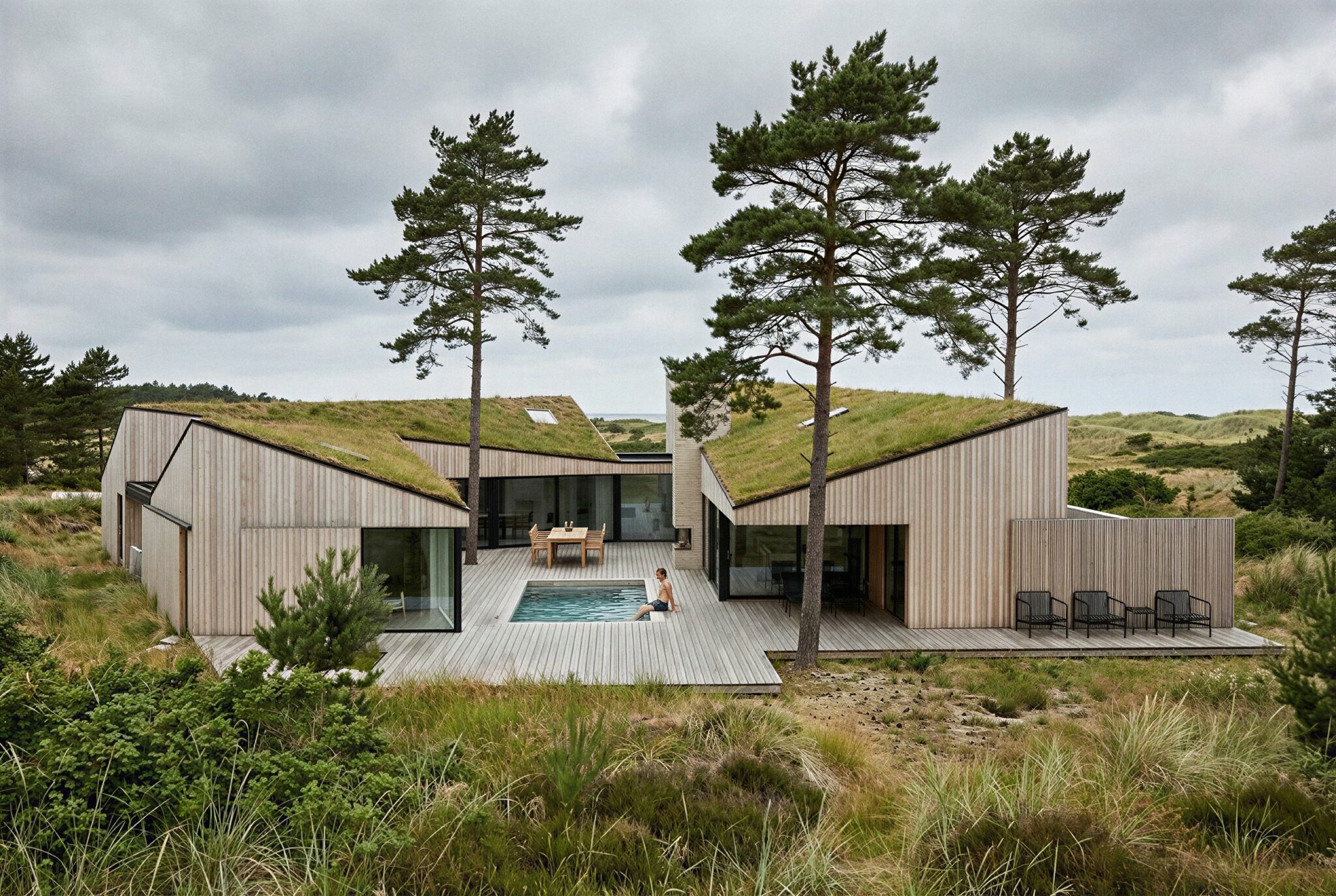 Arkitekttegnet sommerhus med gårdrum og grønne tage